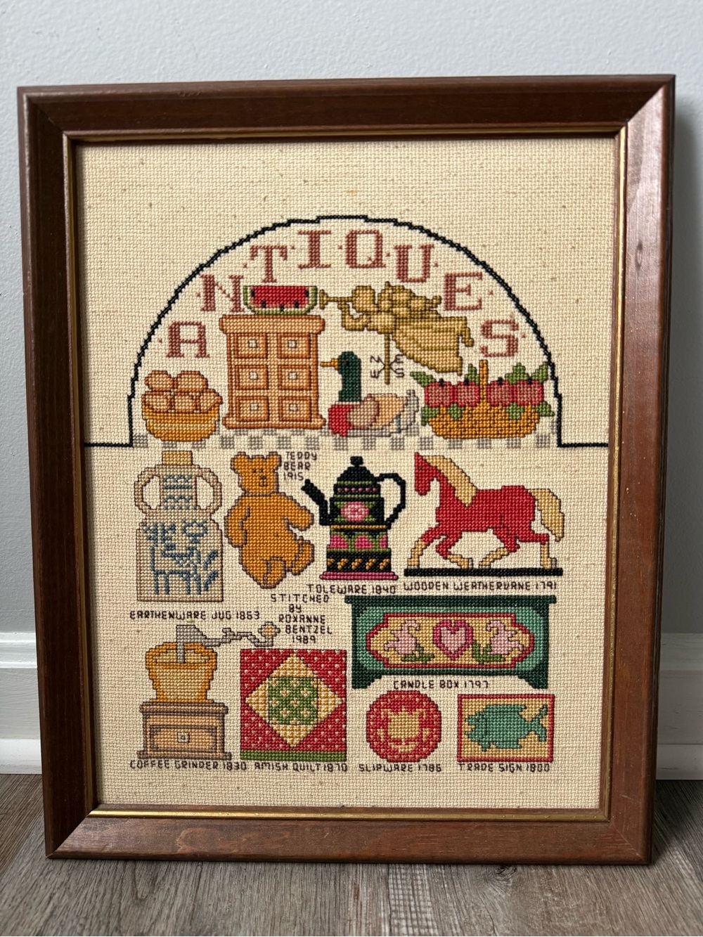 VTG Suzanne Mather Framed Cross Stitch Antique Motif Sampler 1988 Duck Animals - Picture 2 of 6